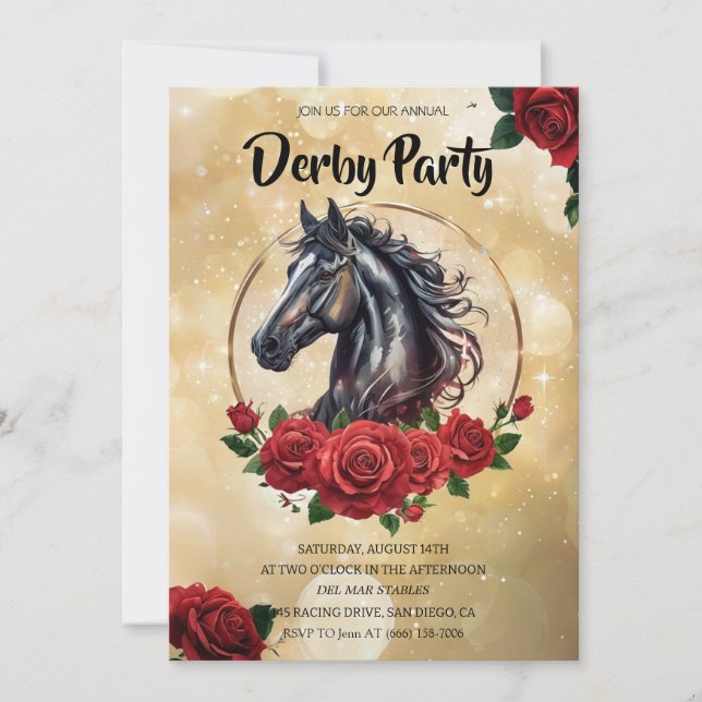 Elegant Derby Party Invitation with Roses and Hors Einladung (Vorderseite)
