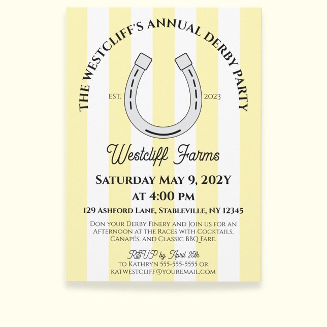 Elegant Derby Party Yellow Cabana Stripe Horseshoe Einladung (Butter Yellow Cabana Stripes Horseshoe Derby Horse Racing Party Invitation)