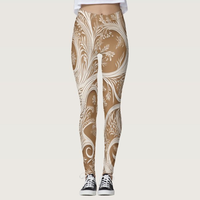 Elégant design blanc complexe sur les Leggings Tan (Devant)
