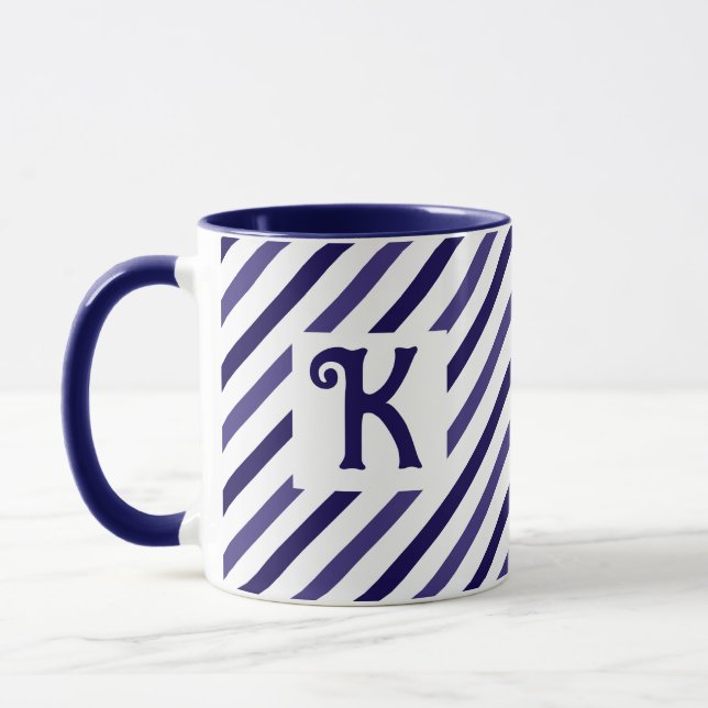 Elegant Diagonal Stripes Dark Blue Novelty Initial Tasse (Links)