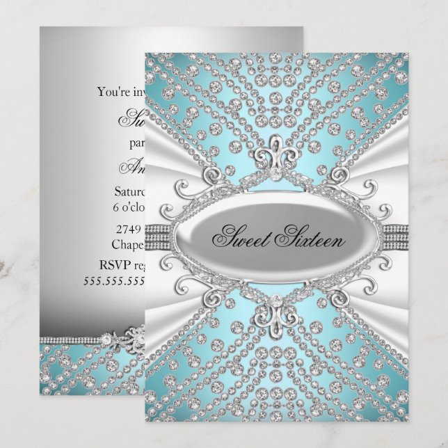 Elegant Diamond Blue Sweet 16 Party Einladung (Vorne/Hinten)