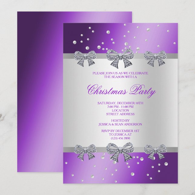 Elegant Diamond Bows & Pearls Weihnachten Einladung (Vorne/Hinten)
