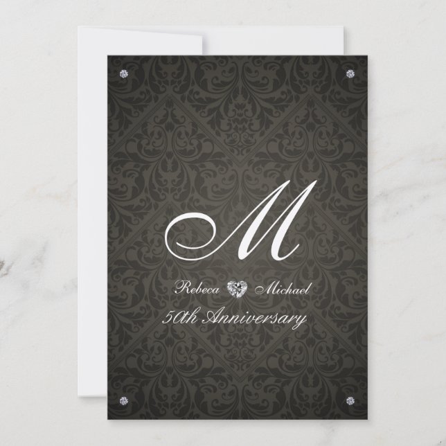 Elegant Diamond Damask Monogram Jubiläum laden Einladung (Vorderseite)