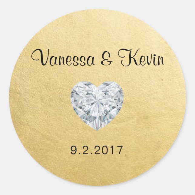 Elegant Diamond Heart Gold Wedding Gift Favoriten Runder Aufkleber (Vorderseite)