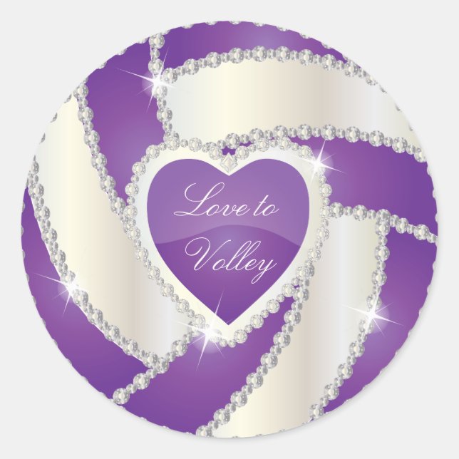 Elegant Diamond Heart Lila Volleyball Runder Aufkleber (Vorderseite)