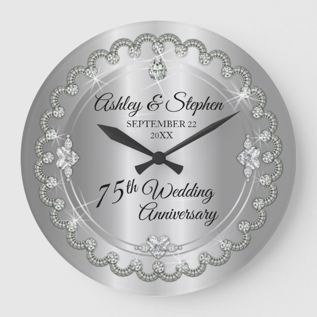 Elegant Diamond Jubilee 75. Hochzeitstag Große Wanduhr (Vorderseite)