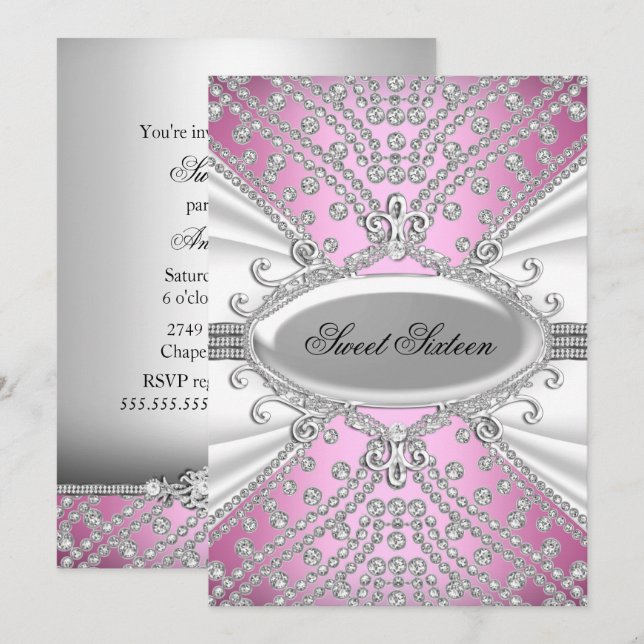 Elegant Diamond Pink Sweet 16 Party Einladung (Vorne/Hinten)