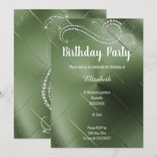 ÉLÉGANT DIAMOND VERT ANNIVERSAIRE INVITATION DU PA (Devant / Derrière)
