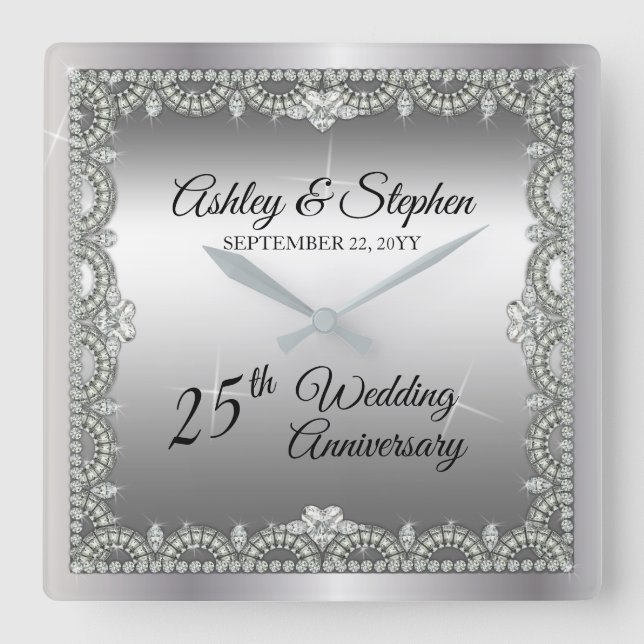 Elegant Diamonds 25th Wedding Anniversary Quadratische Wanduhr (Vorderseite)