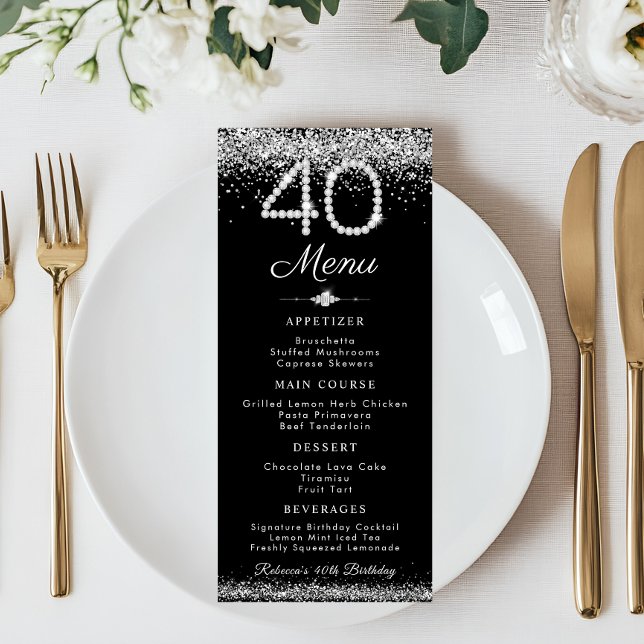 Elégant Diamonds 40e Anniversaire Dîner Menu Plat (Diamonds 40th Birthday Party Menu Card)
