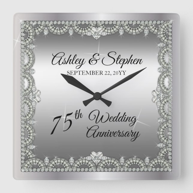Elegant Diamonds 75th Wedding Anniversary Quadratische Wanduhr (Vorderseite)