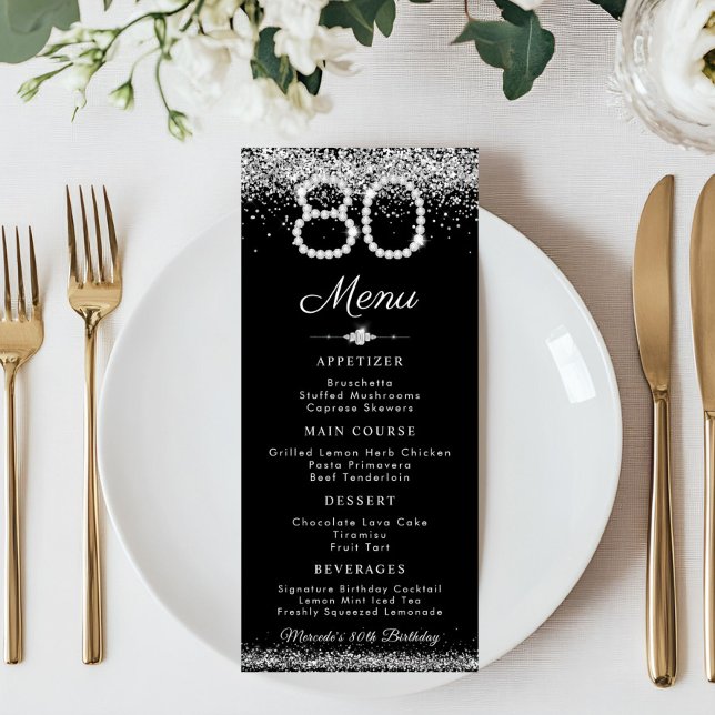Elegant Diamonds 80. Geburtstag Abendessen Flat Me Menükarte (Silver Diamonds 80th birthday Menu Card)