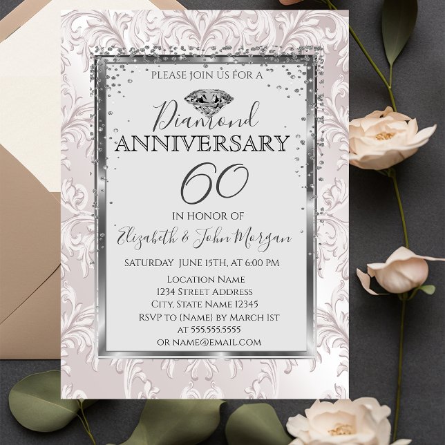 Elegant Diamonds Damask Hochzeitstag Einladung (Von Creator hochgeladen)