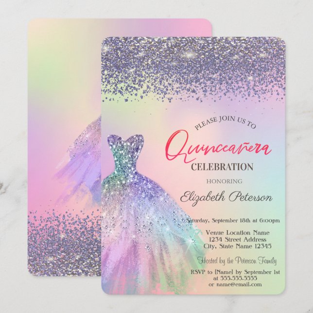 Elegant Diamonds, Dress Holographic Quinceañera Einladung (Vorne/Hinten)