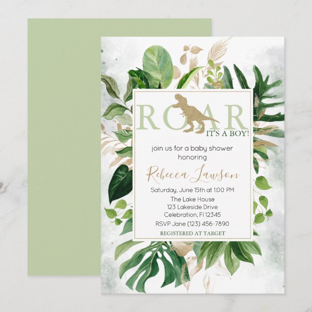 Elegant Dinosaur Boy Baby Shower Einladung (Vorne/Hinten)