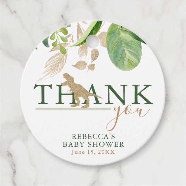 Elegant Dinosaur Green und Gold Baby Dusche Geschenkanhänger (Vorderseite)