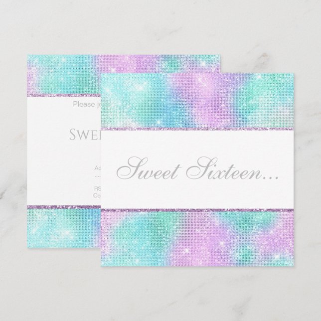 ELEGANT DISCO AQUA GLITZER SWEET 16 EINLADUNG (Vorne/Hinten)