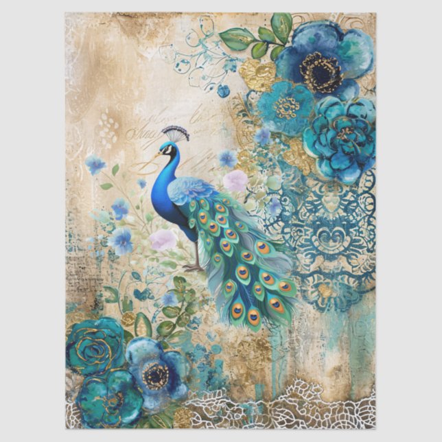 Elegant Distressed Teal Blue Florals & Peacock Seidenpapier (Vorderseite)