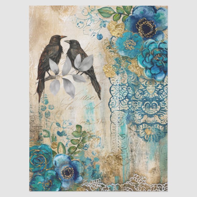 Elegant Distressed Teal Blue Gold Florals & Ravens Seidenpapier (Vorderseite)