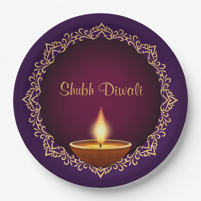 Elegant Diwali Diyas Lila Pappteller (Vorderseite)