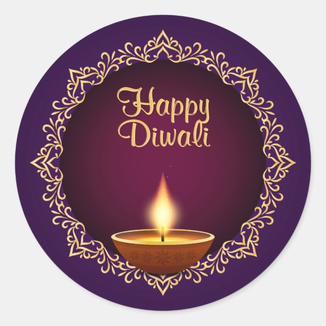 Elegant Diwali Diyas Lila Runder Aufkleber (Vorderseite)