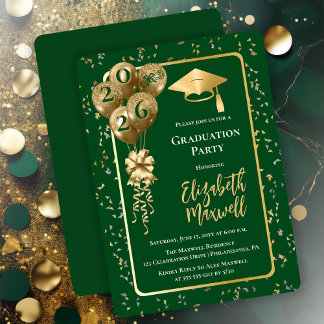 Elegant Dk Green Gold Balloons Graduation Party Einladung