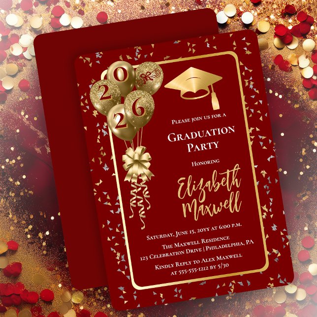 Elegant Dk Red Gold Balloons Graduation Party Einladung (Elegant Dark Red and Gold Tone Graduation Party Invitation Balloons and Confetti - Print | Digital)