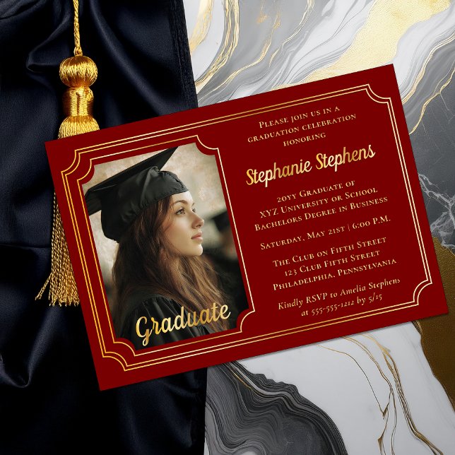 Elegant Dk Red & Gold Photo Graduation Party  Folieneinladung (Elegant Dark Red and Gold Foil Graduation Party Invitation with Photo and Scalloped Frame)