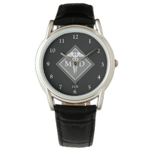 Elegant Doctor MD Caduceus Black Gray Monogramm Armbanduhr