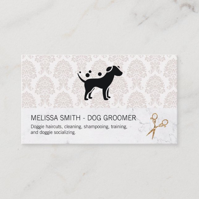 Elegant Dog Groomer | Damask Marble Chic Visitenkarte (Vorderseite)