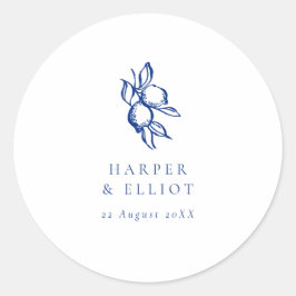 Elegant Doodle Blue Lemons Wedding Favor Runder Aufkleber