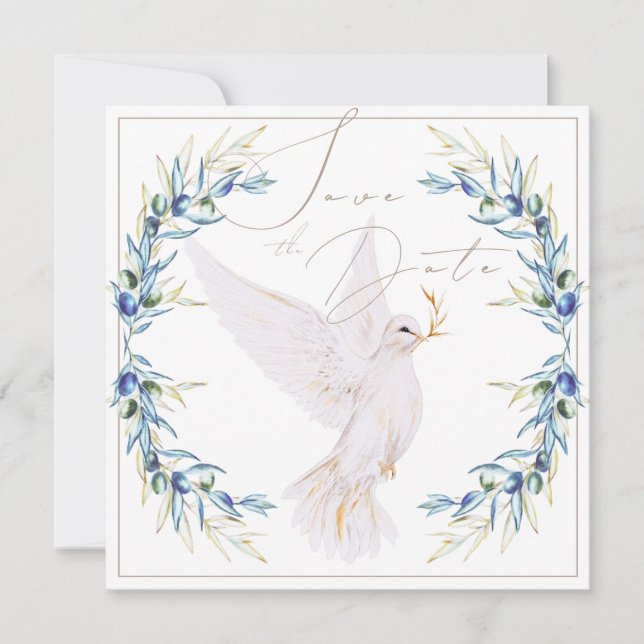 Elegant Dove & Olive Leaves Wedding Save the Date Einladung (Vorderseite)