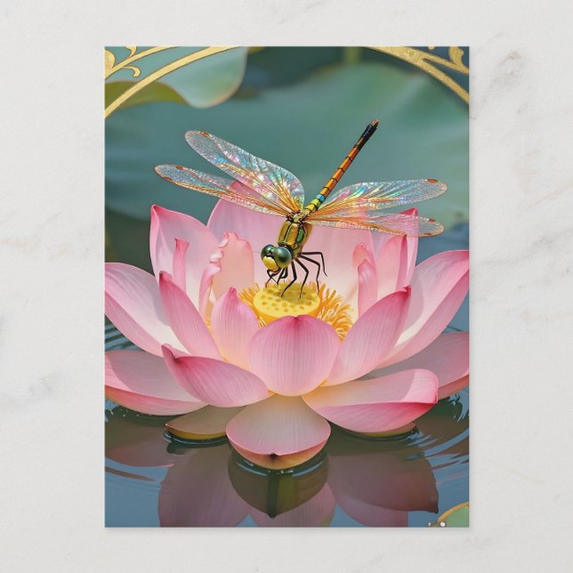 Elegant Dragonfly Pink Lotus Art Nouveau Frame Postkarte (Vorderseite)