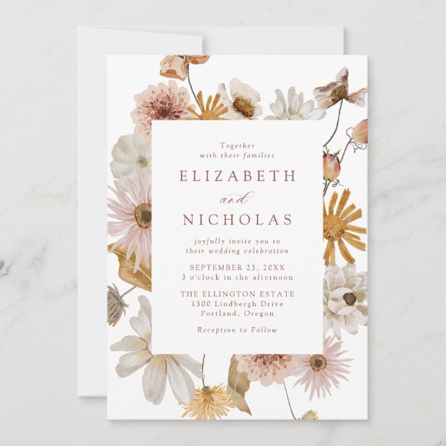 Elegant Dried Wildflower Floral Wedding Einladung (Vorderseite)