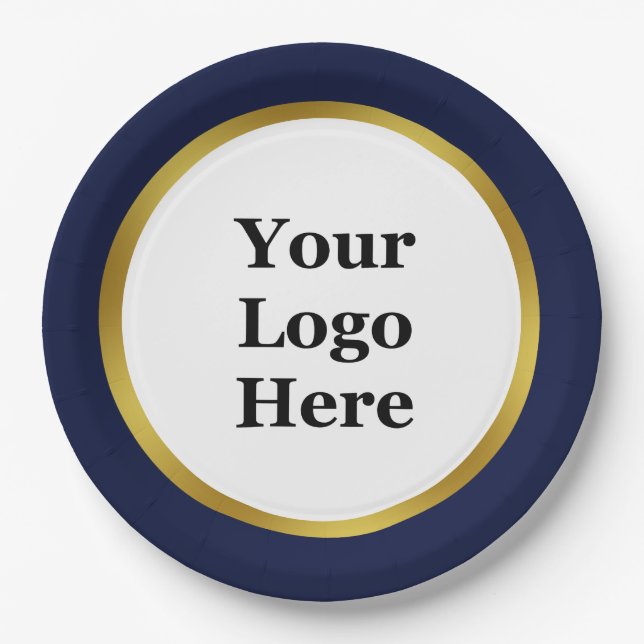 Elegant dunkelblau weiß und Gold Ihr Logo hier Pappteller (Vorderseite)