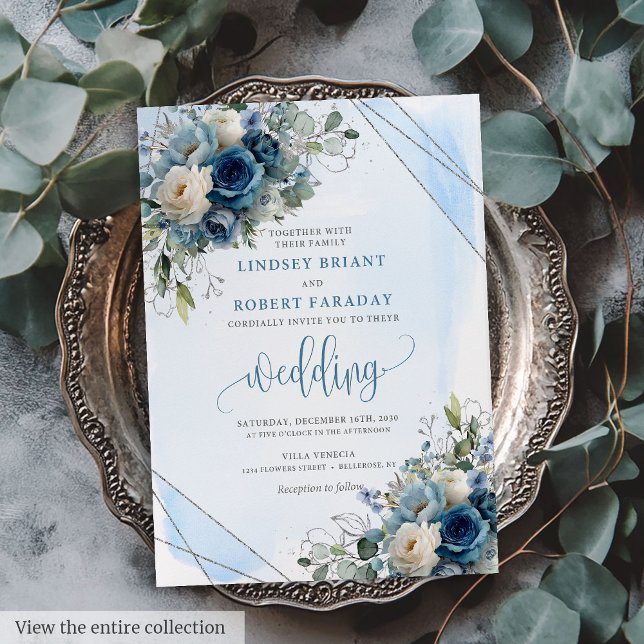 Elegant dunkelblaue Rose Silver Frame Wedding Einladung (Elegant Dark Blue Roses Silver Frame Wedding Invite)