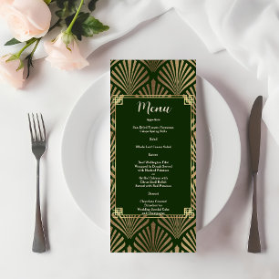 Elegant dunkelgrüne Gold Art Deco 20er Hochzeit Menükarte