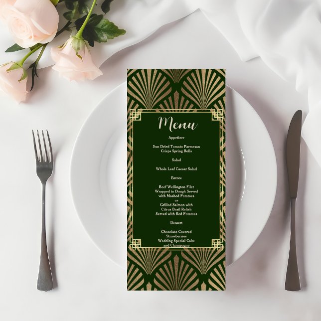 Elegant dunkelgrüne Gold Art Deco 20er Hochzeit Menükarte (Von Creator hochgeladen)