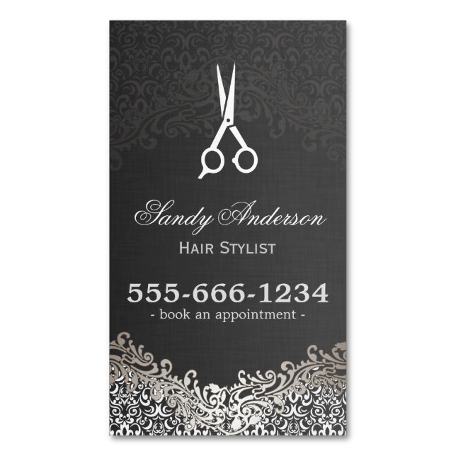 Elegant Dunkelsilber Damask Haar Salon Ernennung Magnetische Visitenkarte (Vorderseite Vertikal)