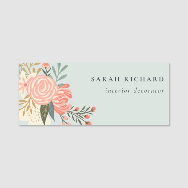 Elegant Dusky Blue Orange Blush Ambrosia Floral Namensschild (Vorderseite)