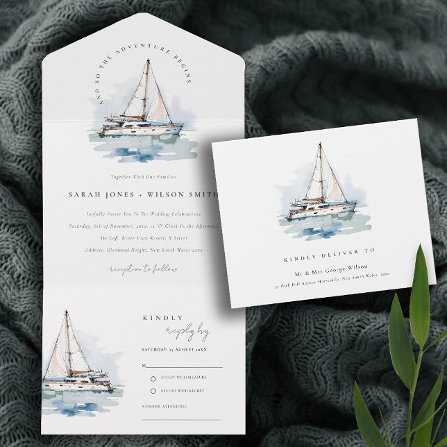 Elegant Dusky Sailboat Yacht Seascape Wedding  All In One Einladung (Von Creator hochgeladen)