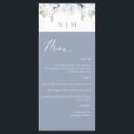 Elegant Dusty Blue and White Floral Wedding Menükarte<br><div class="desc">Elegantes mit Monogramm Hochzeitsmenü mit exquisitem Aquarell und Blumendetails in Weiß und Blau, ergänzt durch die Initialen der Paare über modernes Weiß. Navy Hintergrundfarbe und Text in weiß. Möglichkeit, eigene Menüs mit den bereitgestellten Textfeldern hinzuzufügen und bei Bedarf Textposition, Größe, Stil und Farbeinstellungen durch Auswahl von "Weitere Anpassungen" vorzunehmen. Das...</div>