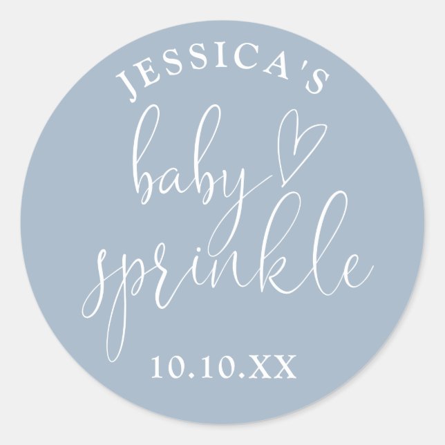 Elegant Dusty Blue Baby Sprinkle Dusche Gefallen Runder Aufkleber (Vorderseite)
