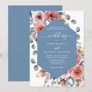 Elegant Dusty Blue Blissful Floral Wedding Einladung