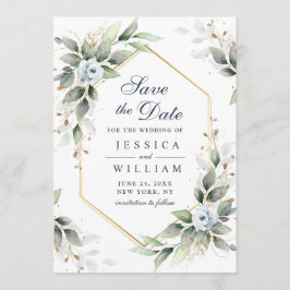 Elegant Dusty Blue Blumen Grüne Hochzeit Save The Date