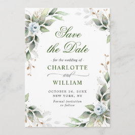 Elegant Dusty Blue Blumen Grüne Hochzeit Save The Date