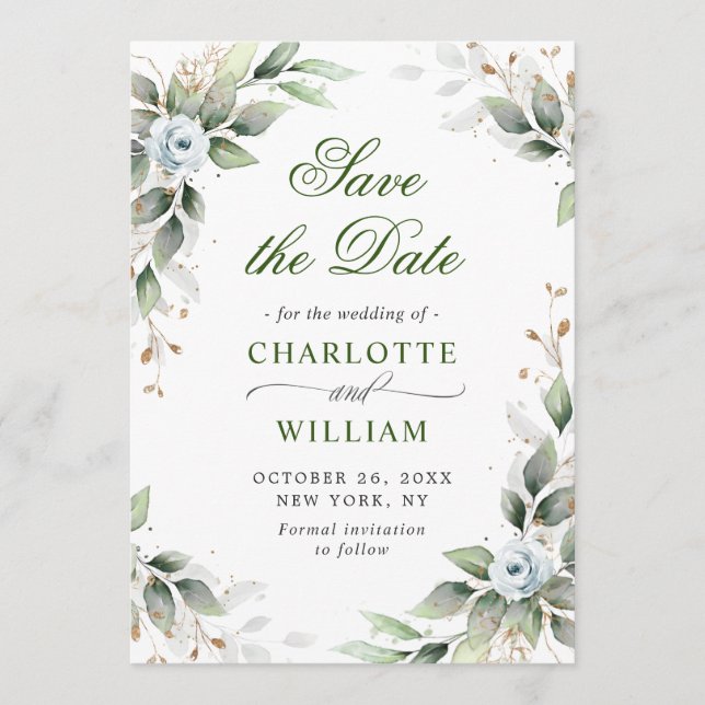 Elegant Dusty Blue Blumen Grüne Hochzeit Save The Date (Vorderseite)