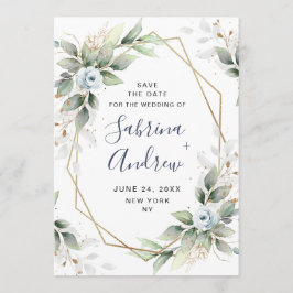 Elegant Dusty Blue Blumen Grüne Hochzeit Save The Date