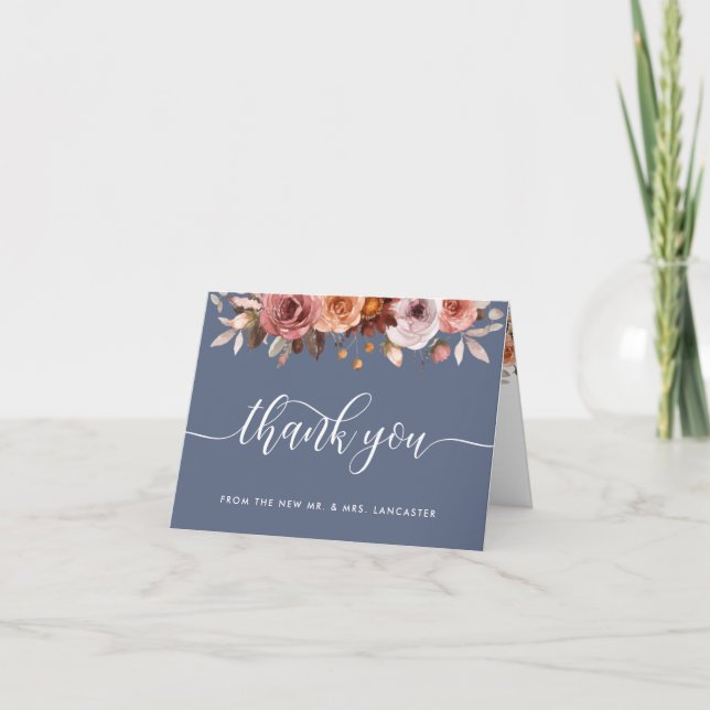 Elegant Dusty Blue, Blush and Burgundy Floral Dankeskarte (Vorderseite)