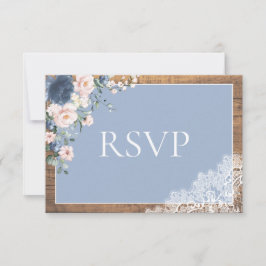 Elegant Dusty Blue Blush Bloral Lace Wood Wedding RSVP Karte